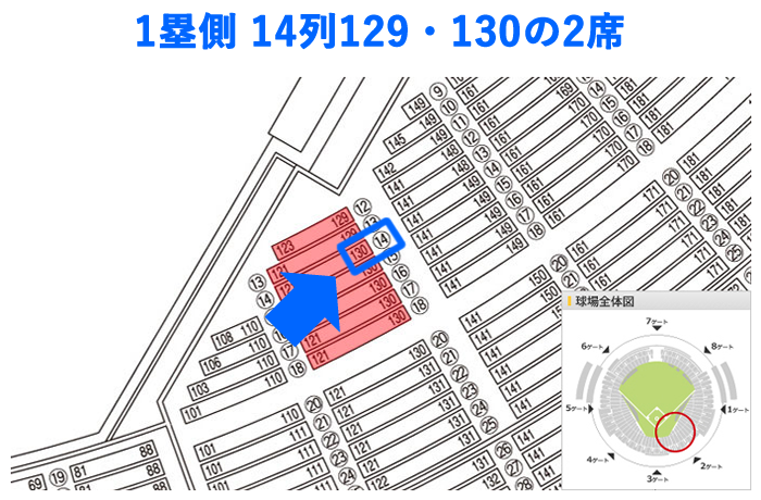〈みずほ〉プレミアムシートSS 1塁側 14列129・130の2席